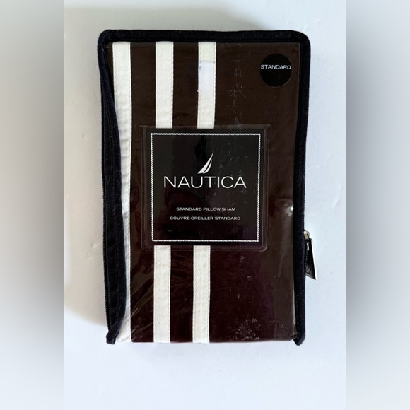 Nautica Sateen Stripe Standard Pillow Sham Orkney Brown Chocolate White Textured - Picture 1 of 4